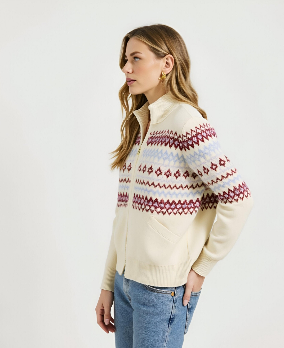 Modenaire Women's Fair Isle Zip-Front Cardigan