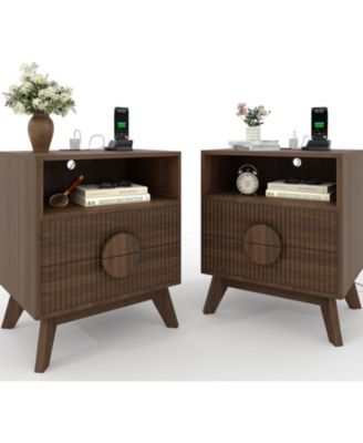 Modern Wood Nightstand with Charging Station, Fluted Bedside Table with Drawers and Shelf for Bedroom, Living Room