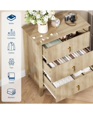 2 Piece Fluted Nightstand Set, 27.5" Wide Bedside Tables with 3 Storage Drawers & Metal Handles for Bedroom