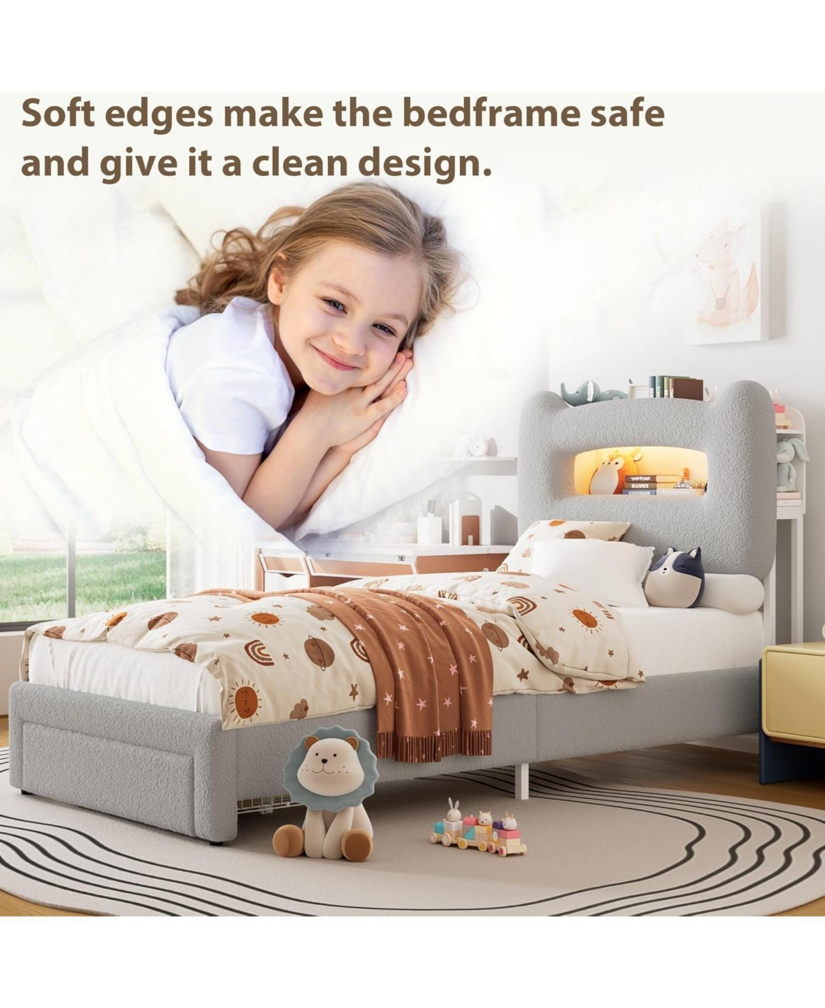 gaomon Upholstered Twin Bed Frame with Headboard, 2-Tier Storage, Charging Station & Drawer, Metal Platform, No Box Spring Needed