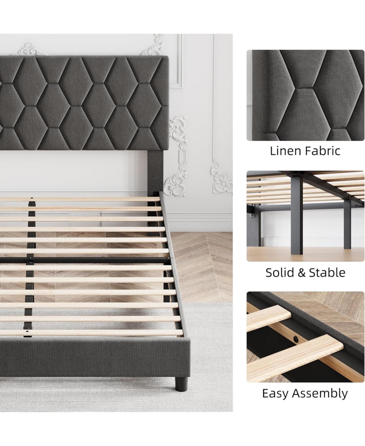 gaomon Bed Frame with Adjustable Headboard, Upholstered Platform Sturdy Wood Slats Support, No Box Spring Needed