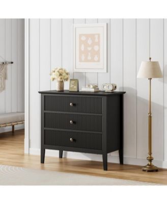 Fluted 3 Drawers Dresser Set of 2, Wide Wood Chest of Drawers, Modern Storage Dresser Chest of Drawers Organizer with Metal Legs for Bedroom