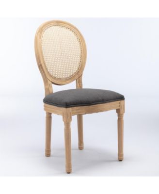 French Style Solid Wood Frame Dining Chair with Linen Fabric and Rattan Back Set of 2