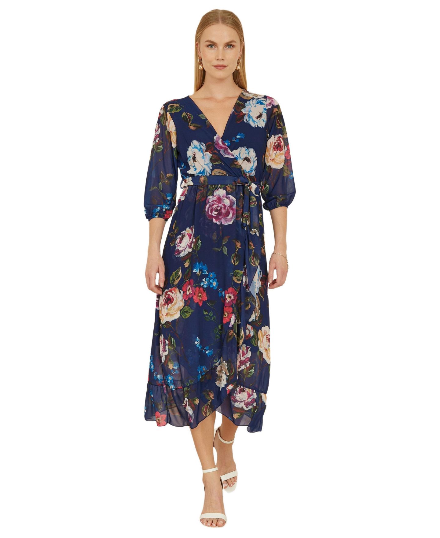 Женское платье Yumi Watercolour Dip Hem Midi Wrap, цвет: Тёмно-синий — фото 1