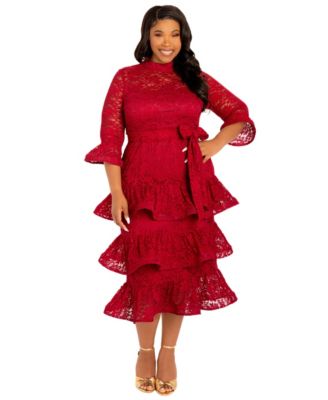 Plus Size Lace Bell Sleeve Tiered Dress