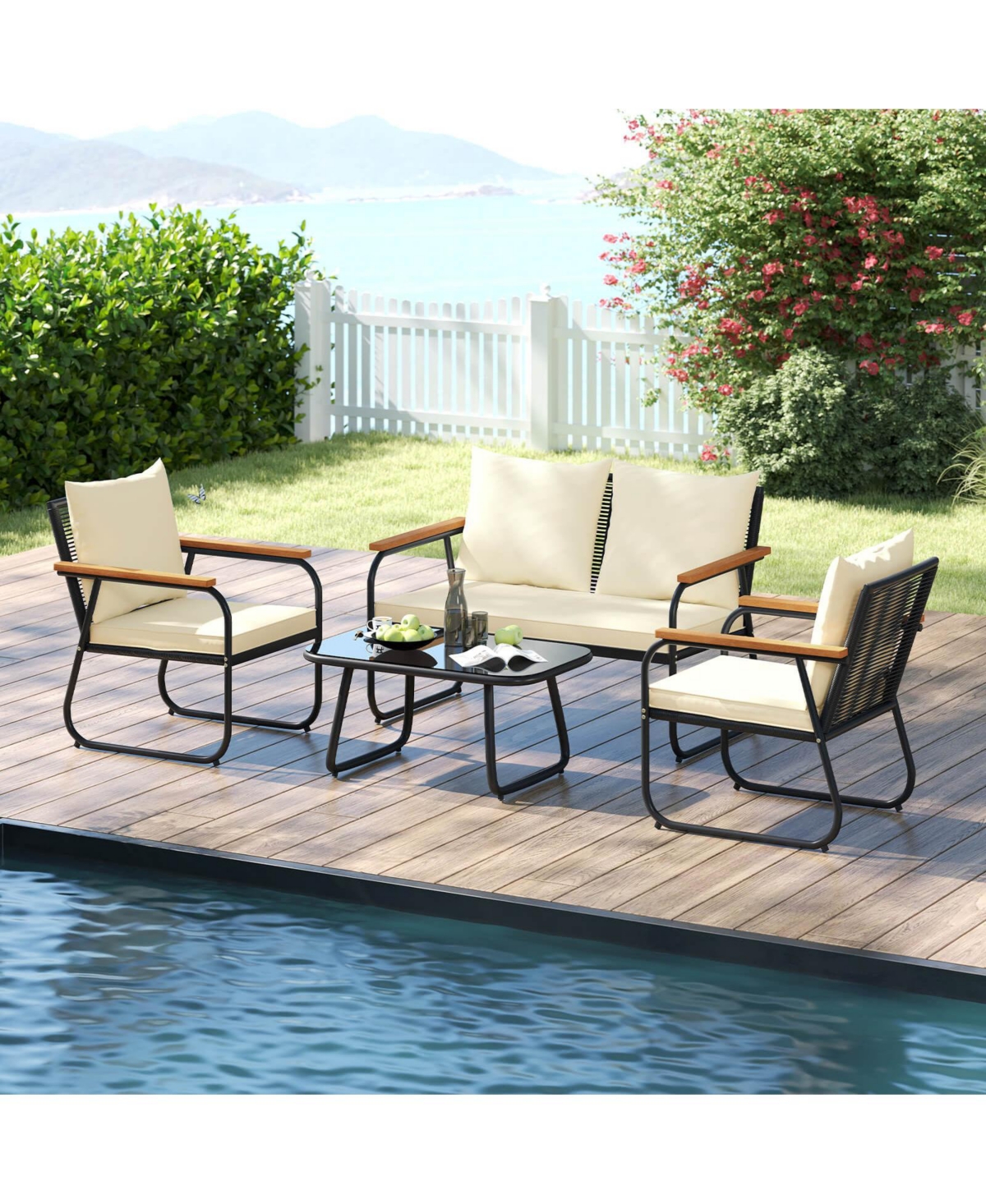 Patio Furniture Set with Tempered Glass Coffee Table Pe Wicker Rattan Chairs