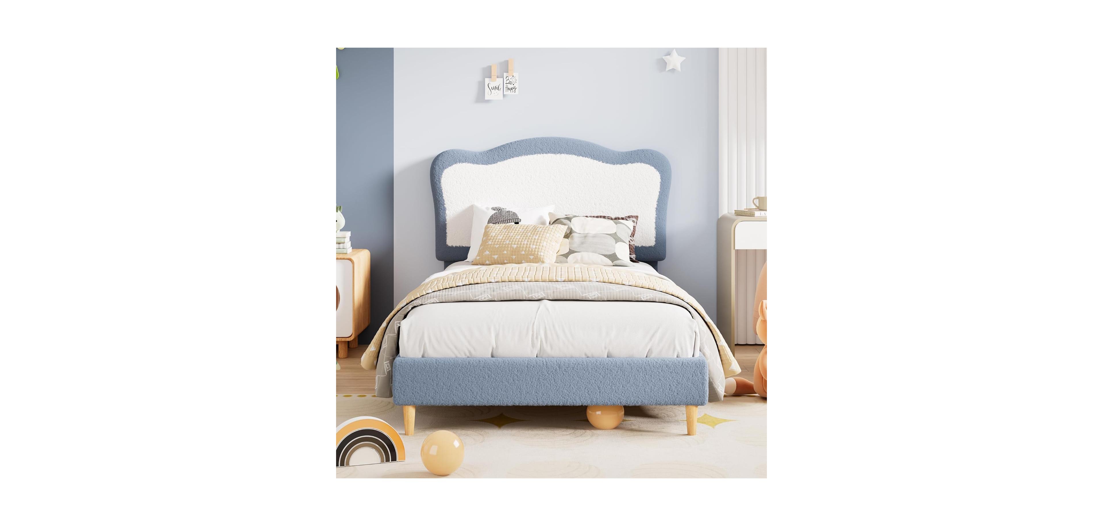 gaomon Bed Frame for Kids, Boucle Upholstered Platform with Headboard Girls Boys, Wooden Slats Support