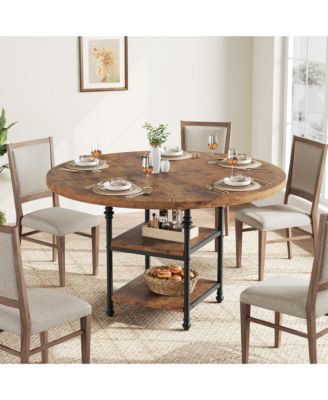 Round Dining Table for 4-6 People 47 Inch with 2-Layer Storage Shelf, Farmhouse-Style Wooden Table
