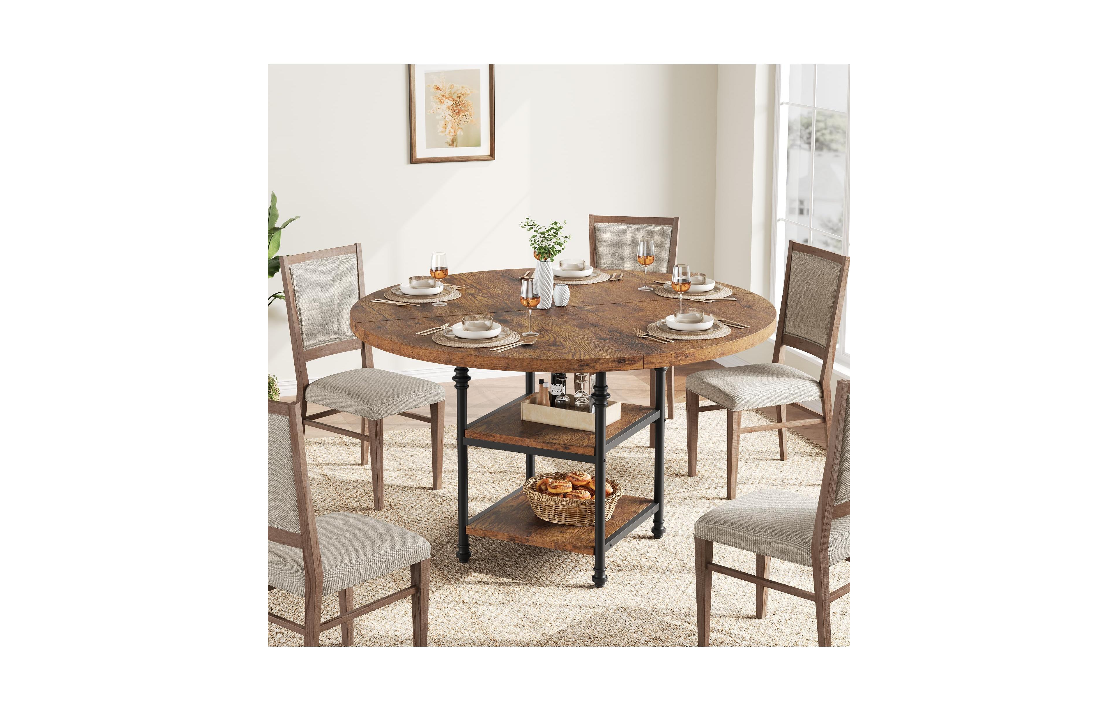 gaomon Round Dining Table for 4-6 People 47 Inch with 2-Layer Storage Shelf, Farmhouse-Style Wooden