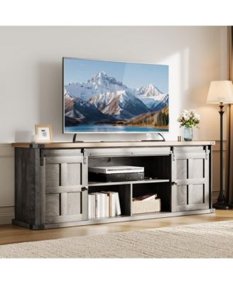 Farmhouse TV Stand for 75 Inch TV, Entertainment Center with Storage Cabinets and Sliding Barn Doors