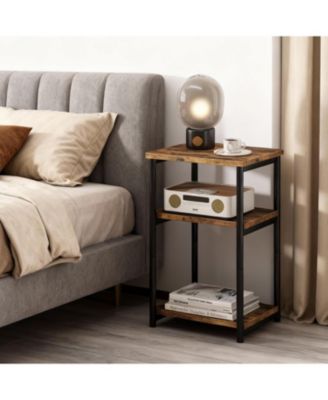 Slim 3-Tier End Table with Storage Shelves, Narrow Mobile Side Table for Small Spaces, Industrial Wood & Metal Sofa Table, Record Player St