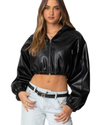 Women's Hooded Faux Leather Cropped Jacket