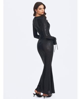 Women's Ilysia Black V-Neck Plunge Snakeskin Mermaid Hem Maxi Dress