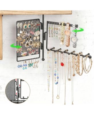 4-in-1 Wall Hanging shelves: Wood Shelf, Ring Box, Peg Board, Rotating Necklace Rack