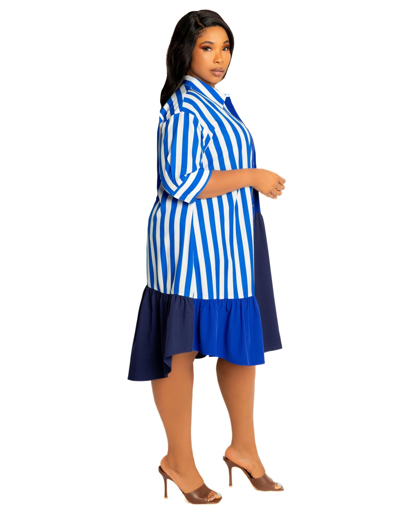 Женское платье Buxom Couture Plus Size Mixed Stripe Shirt Dress, цвет: Синий разноцветный — фото 4