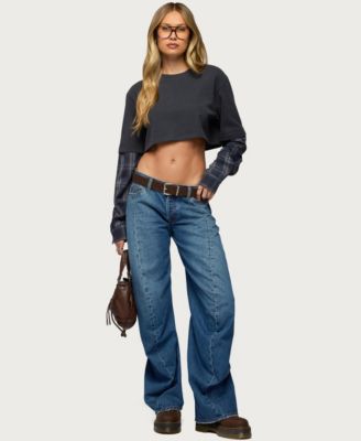 Women's Plaid Sleeves Layered Crop Top