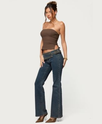 Women's Asymmetric Grommet Belt Low Rise Flared Jeans