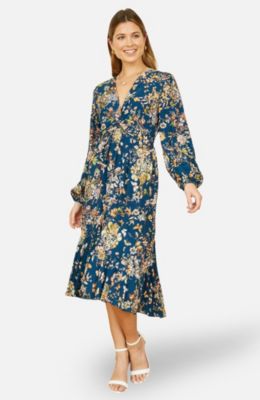 Women's Tie Knot Front Long Sleeve Midi Dress