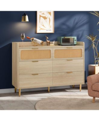 6 Drawer Double Dresser for Bedroom, 47" Wide Modern Chest of Drawers, Wooden Storage Rattan Dresser for Bedroom Living Room Hallway