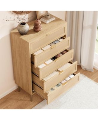 Rattan 5 Drawer Tall Dresser, Narrow Wooden Chest with Metal Legs & Handles for Bedroom