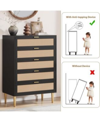 Rattan 5 Drawer Tall Dresser, Narrow Wooden Chest with Metal Legs & Handles for Bedroom