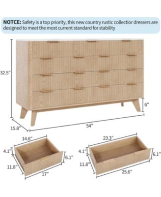 54" Wide 9 Drawer Dresser,Wooden Chest of Drawers with Fluted Wave Pattern, Metal Handles, Modern TV Stand Dresser