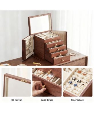 Luxury Walnut Jewelry Organizer with Mirror and Lock