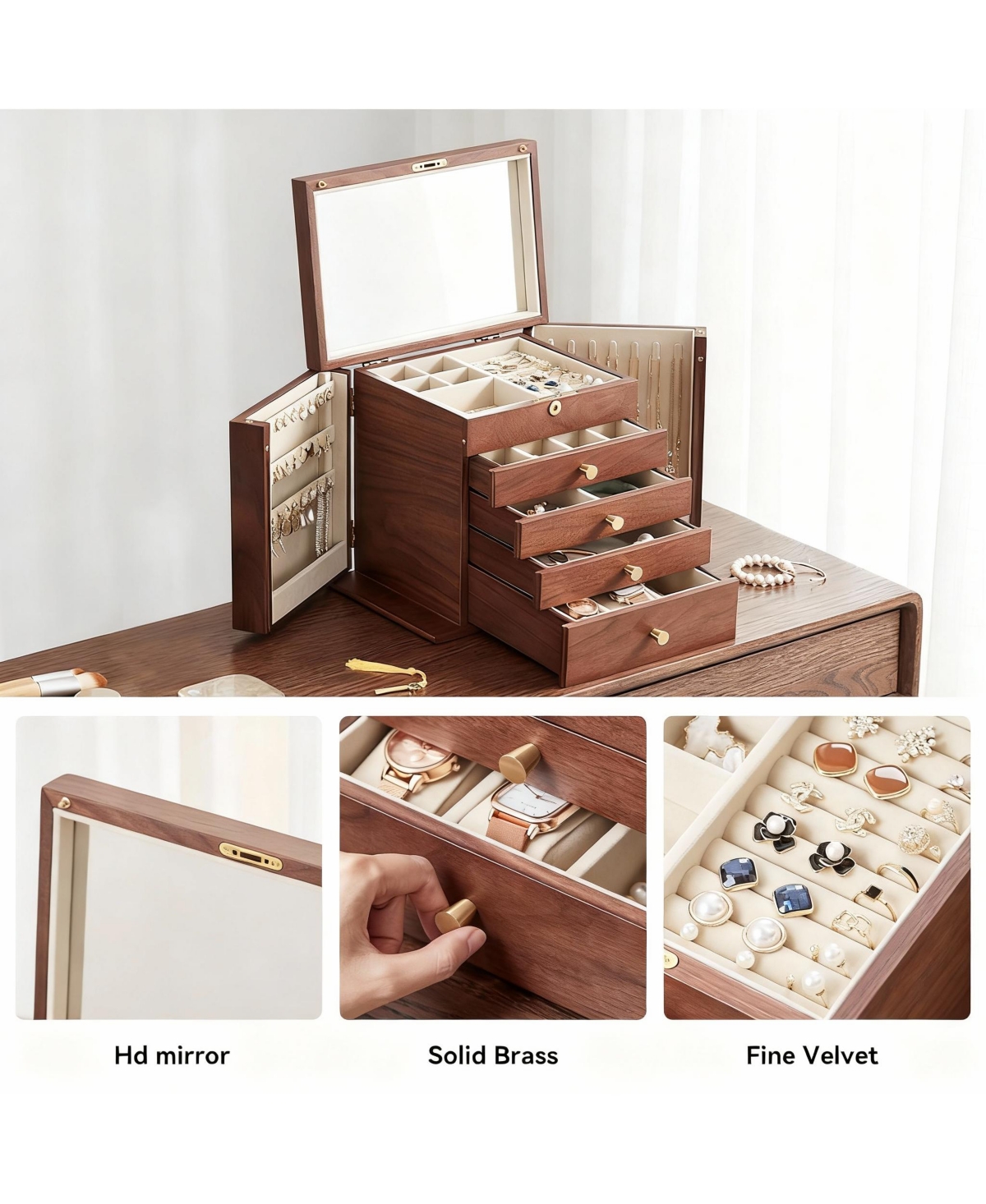 Yigii Luxury Walnut Jewelry Organizer with Mirror and Lock