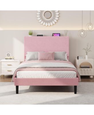Twin Bed Frame with Charging Station, Corduroy Upholstered Platform Bed Frame with Headboard and Storage Shelf, Solid Wood Slats