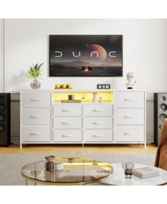 63" Dresser TV Stand for 65–75 Inch TVs, Fabric Chest of Drawers with Charging Station, LED Lights, Open Shelves & 12 Drawers