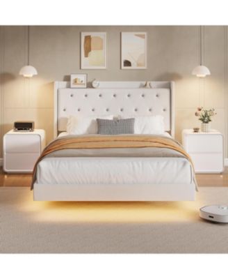 Full LED Bed Frame with Storage Shelves, Modern Upholstered Headboard, Heavy Duty Metal Slats, No Box Spring Needed, Noise Free