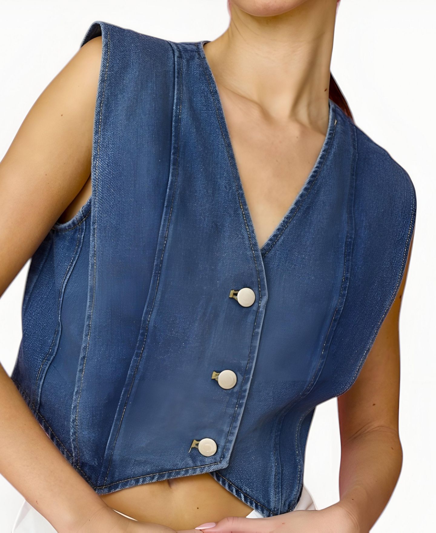Женский жилет Modenaire V-Neck Button-Front Angled Hem Denim, цвет: Синий — фото 4