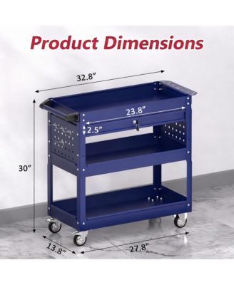 3 Tier Rolling Tool Cart with Drawer & Pegboard, 550 lbs Capacity, Easy Assembly