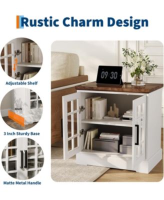 24" Farmhouse End Table, Rustic Square Nightstand Sofa Side Table with Charging Station Adjustable Storage Shelf