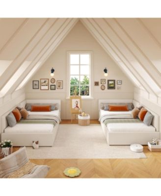 Twin Daybed with Bed Rails, Velvet Upholstered Corner Bed Frame with Headboard, Modern Kids Bed with Guardrail for Living Room, Bedroom