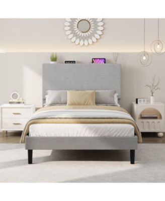 Twin Bed Frame with Charging Station, Corduroy Upholstered Platform Bed with Headboard Shelf, Wooden Slats, Noise Free, Easy Assembly