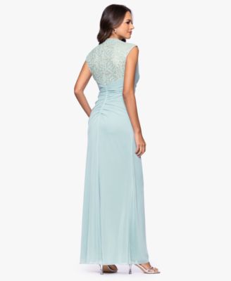 Betsy & Adam Petite Lace Trim Ruched Sleeveless Gown