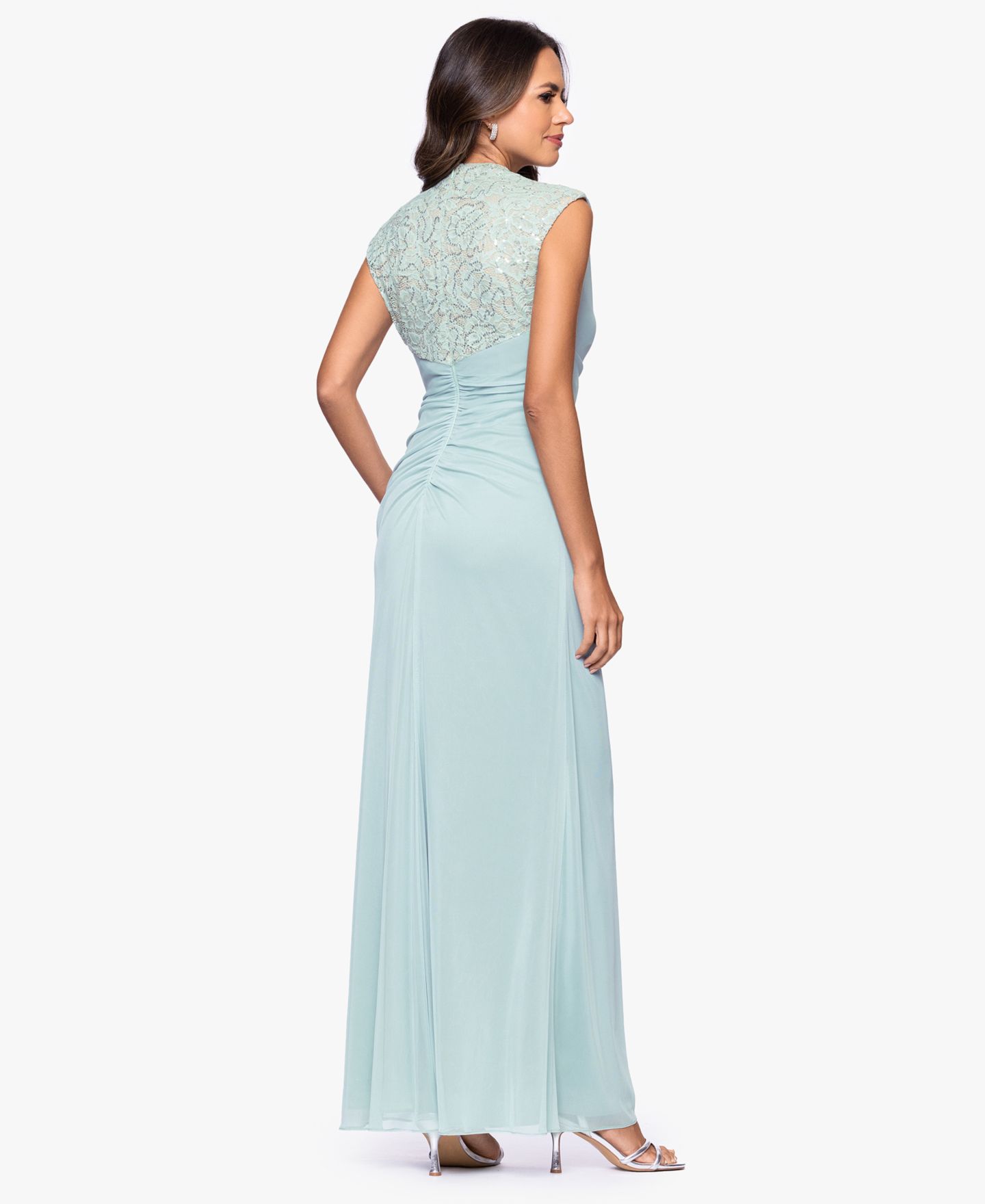 Женское платье B&A By Betsy and Adam Petite Lace Trim Ruched Sleeveless Gown, цвет: Шалфейный телесный — фото 5