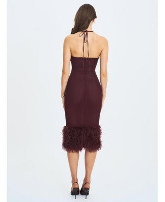 Women's Pluma Maroon Halter Faux-Fur Trimmed Midi Dress