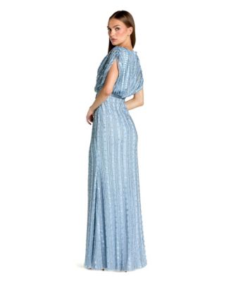Women's Beaded Mesh Blouson V Neck Column Gown
