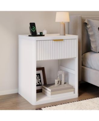 Fluted Nightstand with Charging Station, Bedside Table with Drawers and Open Storage Space