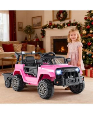 Kids 12V Ride On Car Truck with Trailer, Battery Powered Ride On Toy