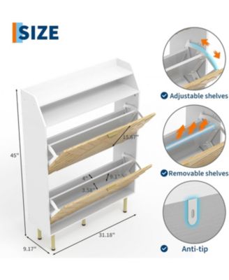 Narrow Shoe Cabinet with 2 Drawers, Slim Freestanding Shoe Storage Organizer with Wood Grain & White Finish