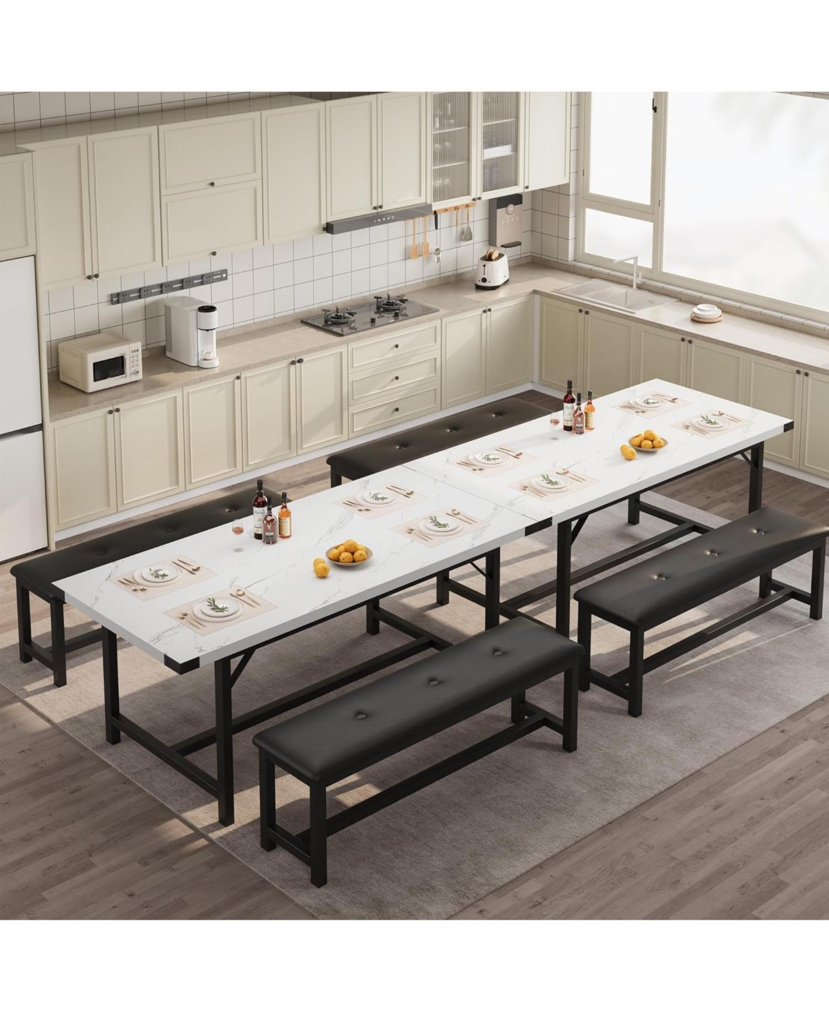 gaomon Extendable Dining Table Set for 4-6 Rectangle Large Extendable Kitchen Table with 2 Upholstered Benches