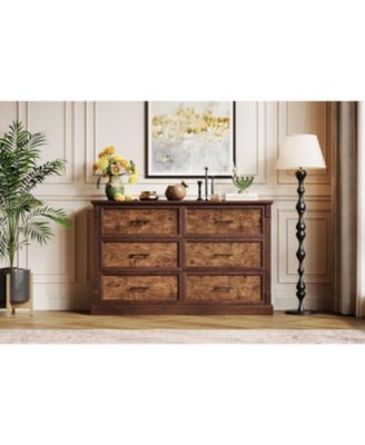 Farmhouse 6 Drawers Dresser, 47 in Long Wood Closet Dressers Organizer, Rustic Chest of Drawers for Bedroom Living Room Hallway Entryway