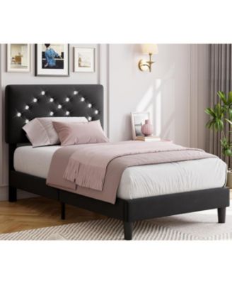 Upholstered Wooden Bed Frame with Headboard and Crystal Diamond Tufting, Easy Assembly Platform Bed