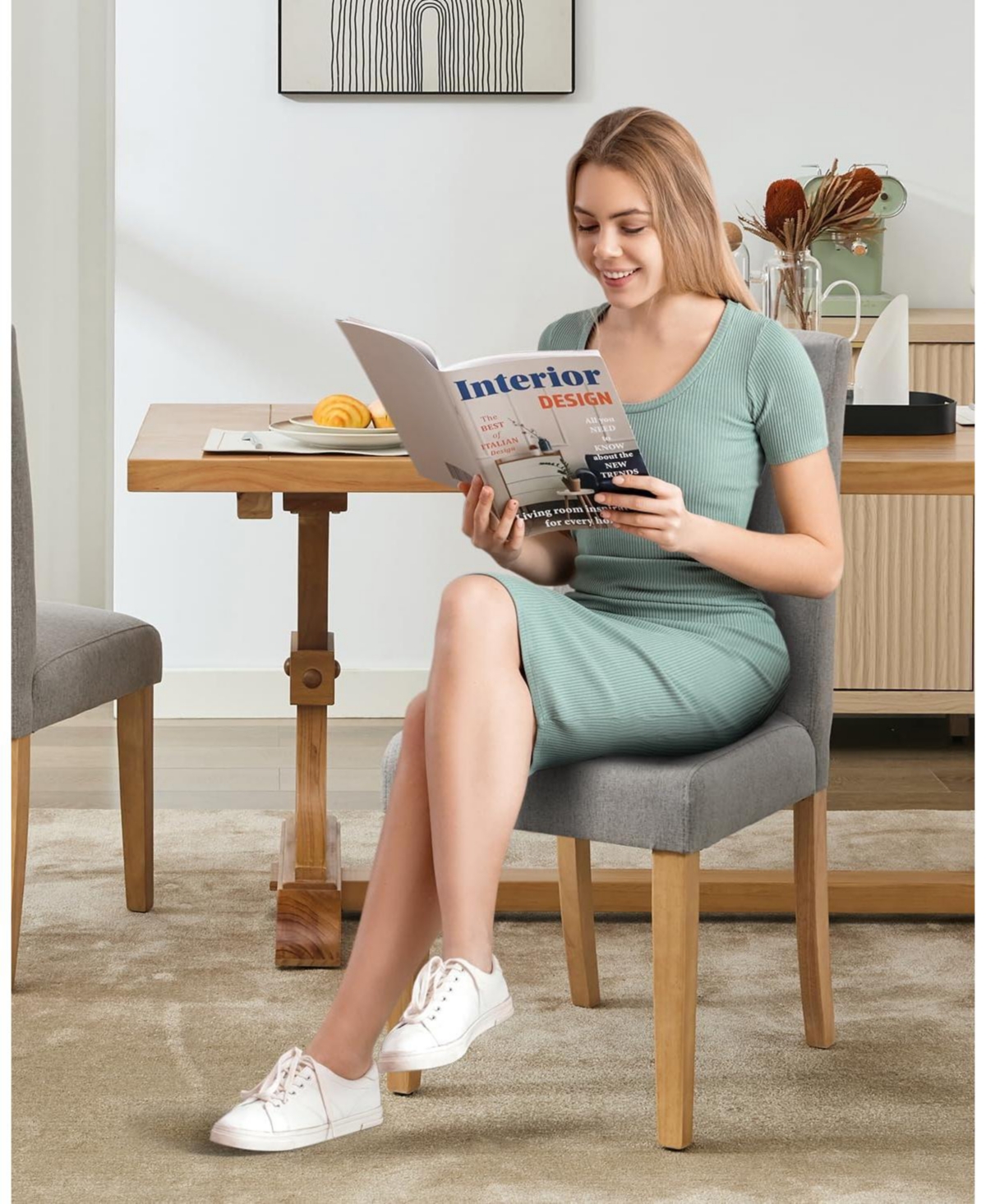 gaomon Dining Chairs Set of, Modern Fabric Upholstered Ergonomic Chairs with Curved Backrest, Heavy-Duty Wood Legs