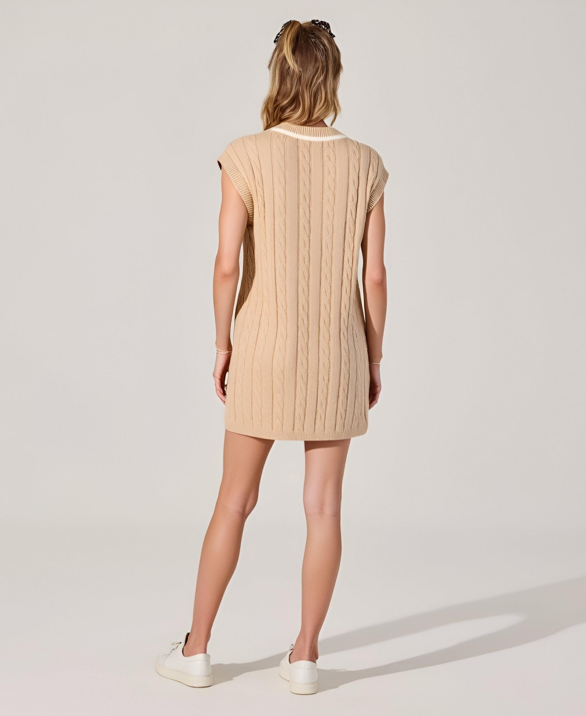 Modenaire Women's Cable Knit Sleeveless V-Neck Contrast Stripe Mini Dress