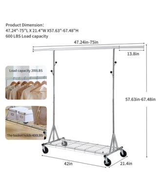 Heavy Duty Clothing Rack, Collapsible and Portable Hanging Rack, Rolling Garment Rack with Wheels and Mesh Shelf, 600LBS Capacity for Bedroom
