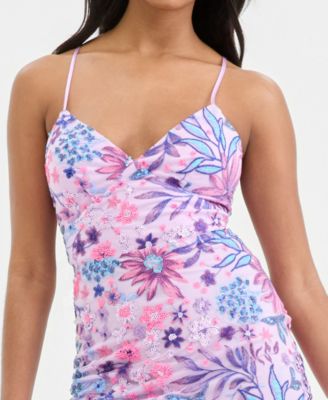 Juniors' Floral-Sequinned Evening Gown